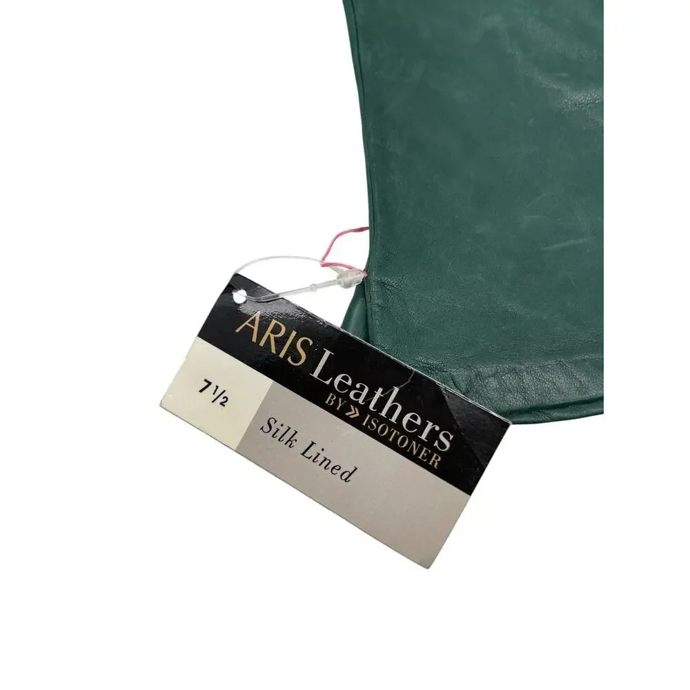 New Vintage Aris Isotoner Gloves Forest Green Leather Silk Lined Size 7 1/2